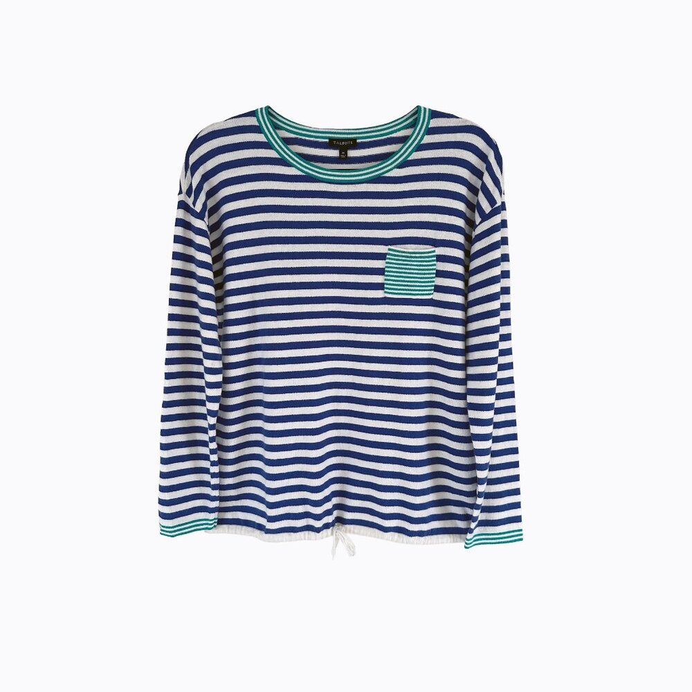 Blue Striped Cashmere Blend Sweater M/L Coastal Grandma Nautical Y2K Preppy Chic